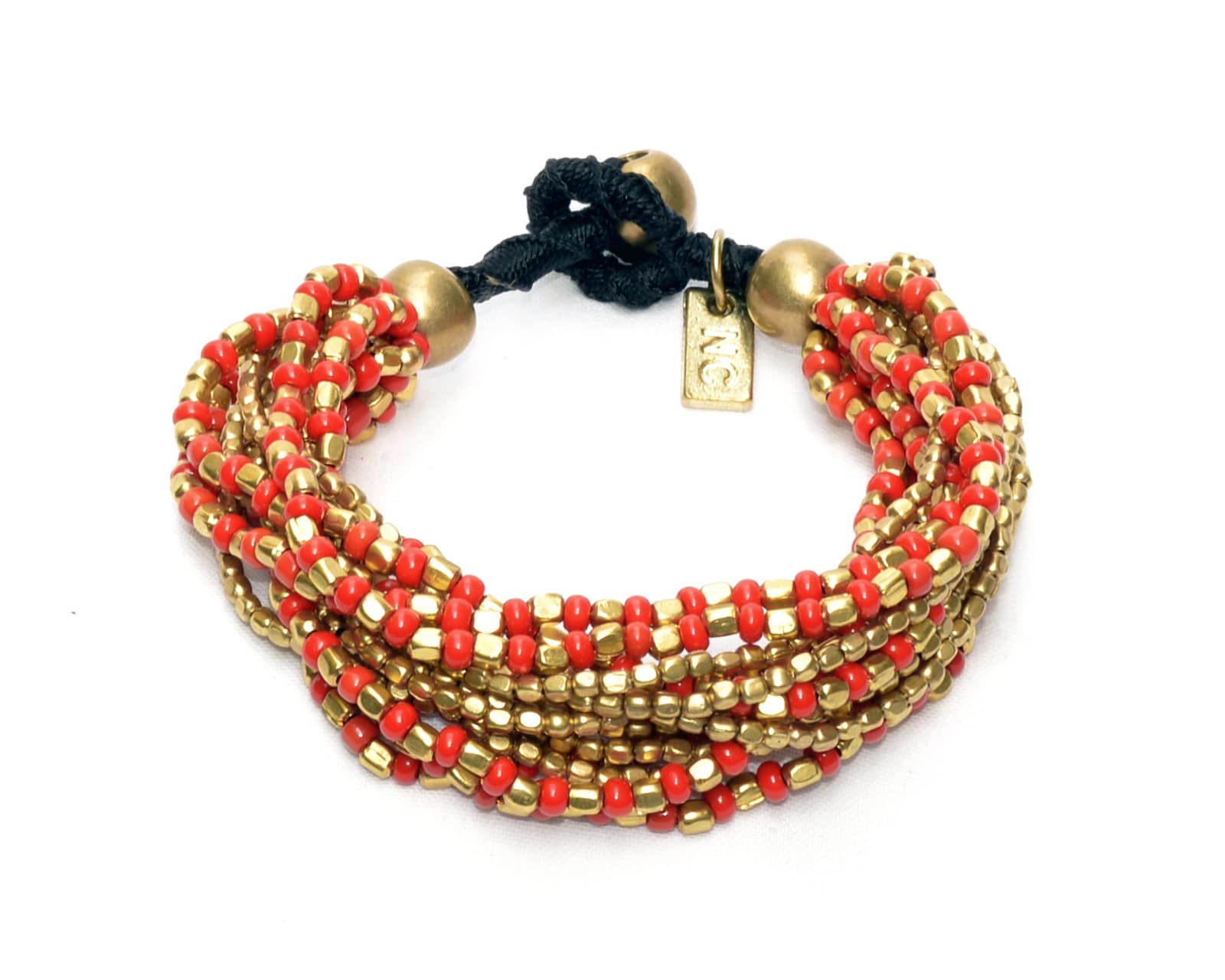 Bracelet Anjuna à 15 ranges en perles rouge vif et en laiton doré