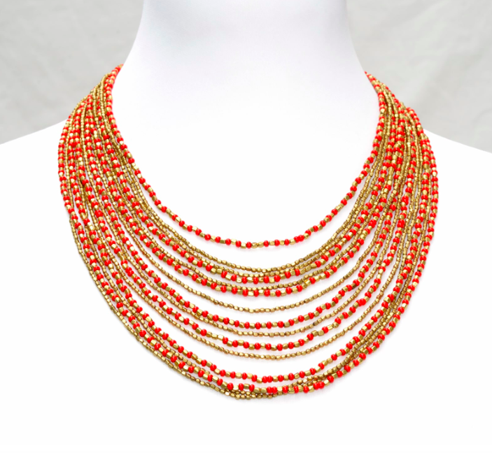 Collier Dharma rouge en laiton et en perles de Nataraj