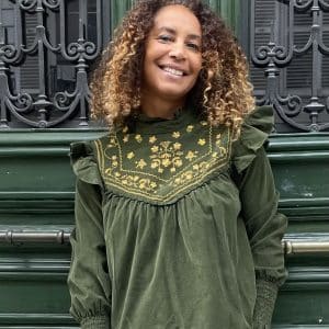 Blouse brodée en velours milleraies-vert kaki-Mukasa