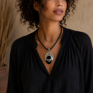 Collier touareg en argent et onyx sur lacet cuir-Mukasa
