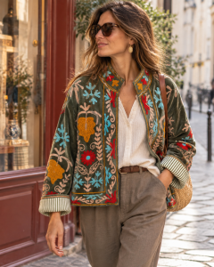 Veste Kaki en velours brodée esprit Suzani