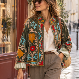 Veste Kaki en velours brodée esprit Suzani-Mukasa.fr