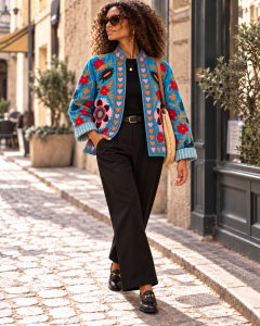 Veste turquoise en velours brodée esprit Suzani - MUKASA