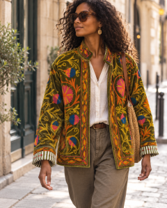 Veste vert olive en velours brodée esprit Suzani - Mukasa