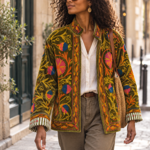 Veste vert olive en velours brodée esprit Suzani - Mukasa